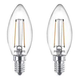 2 x Philips LED Filament Leuchtmittel Kerze 2W = 25W E14 klar 250lm warmweiß 2700K