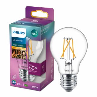 Philips LED Filament Birnenform A60 7,5W = 60W E27 klar warm 2200/2500/2700K SceneSwitch Schalter DIMMBAR