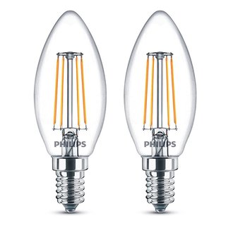 2 x Philips LED Filament Leuchtmittel Kerzen 4,3W = 40W E14 klar 470lm warmweiß 2700K