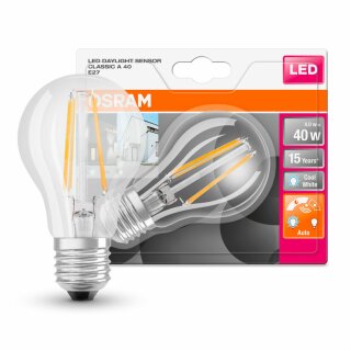 Osram LED Filament Leuchtmittel Birnenform A60 4W = 40W E27 klar 470lm neutralweiß 4000K Tageslichtsensor