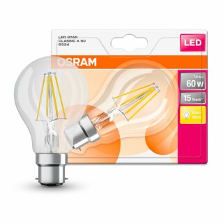 Osram LED Filament Leuchtmittel Star Classic Birne A60 7W = 60W B22d klar 806lm warmweiß 2700K