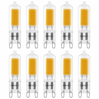 10 x Osram LED Glas Leuchtmittel Stiftsockellampe 2W = 20W G9 COB klar 200lm 827 warmweiß 2700K 320°