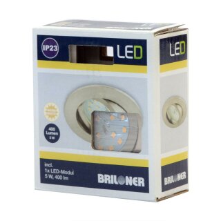 Briloner LED Einbauleuchte rund Nickel matt IP23 5W Modul 400lm warmweiß 3000K schwenkbar 110°