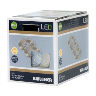 3 x Briloner LED Einbauleuchte rund Nickel matt IP44 3 x 5,5W 470lm warmweiß 3000K 110°