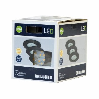 3 x Briloner LED Einbauleuchte rund Eisengrau starr IP44 3 x 5W Modul 400lm warmweiß 3000K 110°