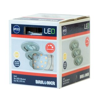 3 x Briloner LED Einbauleuchte rund Nickel matt IP23 3 x 6,5W Modul 570lm warmweiß 3000K schwenkbar 3-Stufen-Dimmbar