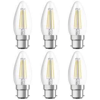 6 x Osram LED Filament Leuchtmittel Kerze 4W = 40W B22d klar 470lm 827 warmweiß 2700K