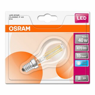 6 x Osram LED Filament Leuchtmittel Tropfen 4W = 40W E14 klar 470lm 840 Neutralweiß 4000K