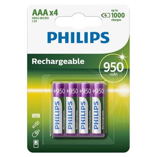 4 x Philips Batterien AAA HR03 Micro 1,2V 950mAh Akku aufladbar