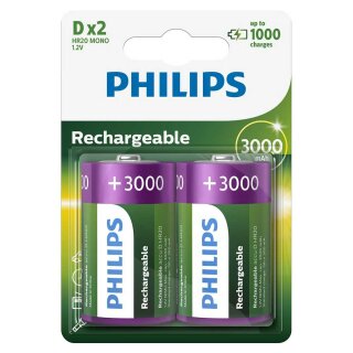 2 x Philips Batterien D HR20 Mono 1,2V 3000mAh NiMH Akku aufladbar