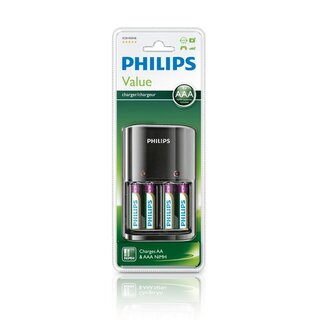 Philips MultiLife Value Akkuladegerät für Batterien inkl. 4 x AAA Batterien 800mAh Akku aufladbar
