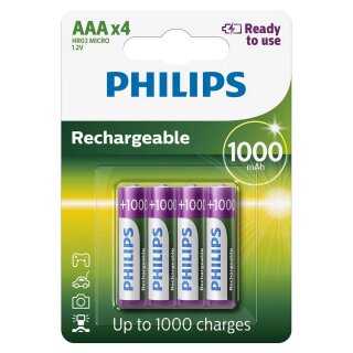 4 x Philips Batterien AAA HR03 Micro 1,2V 1000mAh NiMH Akku aufladbar