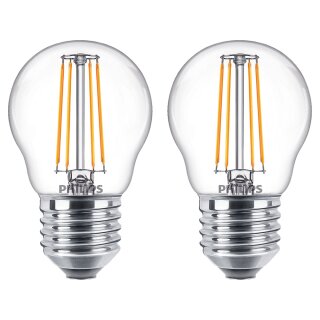 2 x Philips LED Filament Leuchtmittel Tropfen P45 4,3W = 40W E27 klar 470lm warmweiß 2700K