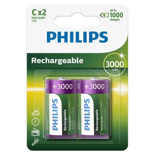 2 x Philips Batterien C HR14 Baby 1,2V 3000mAh NiMH Akku wiederaufladbar