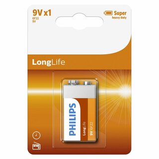 Philips LongLife Batterie 9V 6F22 Kohlenstoff Zink