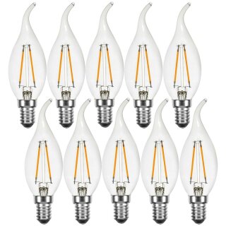 10 x LED Filament Kerze Windstoß 2W wie 25W klar E14 220lm Glühlampe Glühbirne warmweiß 2700K