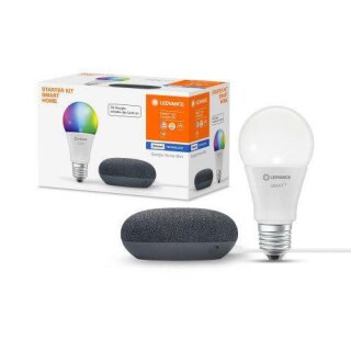 Ledvance LED Smart Home Starter Set Google Home Mini Schwarz + LED Birne A60 9W E27 matt 806lm RGBW 2700K-6500K Dimmbar App Bluetooth 