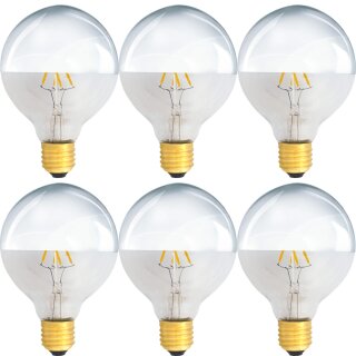 6 x LED Filament Globe Kopfspiegel Silber Glühbirne G95 4W = 40W E27 Faden Glühlampe warmweiß 2700K