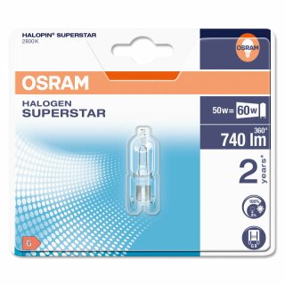 Osram Halogen Leuchtmittel Stiftsockellampe Superstar 48W = 60W G9 klar 740lm warmweiß dimmbar
