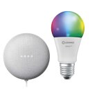 Ledvance LED Smart Home Starter Set Google Home Mini Weiß + LED Birne A60 10W E27 matt 800lm RGBW 2000K-6500K Dimmbar App Bluetooth