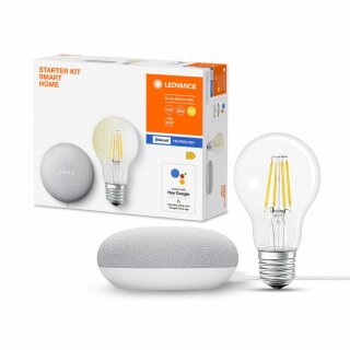 Ledvance LED Smart Home Starter Set Google Nest Mini Weiß + LED Birne A60 6,5W E27 klar 806lm warmweiß 2700K Dimmbar App Google Bluetooth