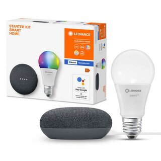 Ledvance LED Smart Home Starter Set Google Nest Mini Schwarz + LED Birne A60 8,5W E27 matt 800lm RGBW 2700K-6500K Dimmbar App Google Bluetooth