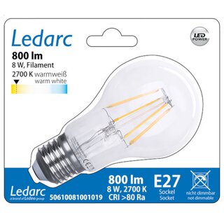 Ledino Ledarc LED Filament Leuchtmittel Birnenform A60 8W = 60W E27 klar 800lm warmweiß