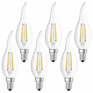 6 x Osram LED Filament Leuchtmittel Windstoß Kerze 4,5W = 40W E14 klar warmweiß 2700K DIMMBAR