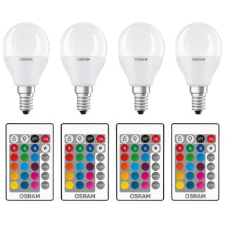 4 x Osram LED Leuchtmittel Tropfen Classic Star 5,5W = 40W E14 matt 470lm RGBW warmweiß 2700K Dimmbar mit Fernbedienung