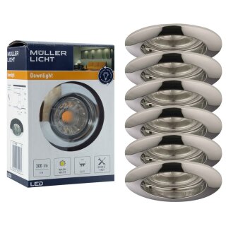 6 x Müller-Licht LED Einbauleuchte starr rund Chrom IP23 5W GU10 300lm warmweiß 2700K