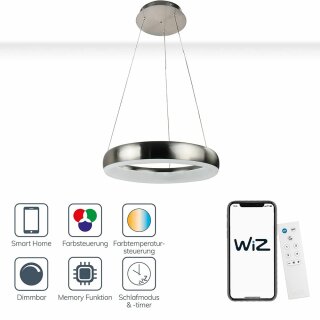 Wofi LED Smart WiZ Pendelleuchte Clint Ø40cm Nickel matt 24W 1750lm RGBW CCT 2800K-6400K dimmbar Fernbedienung App