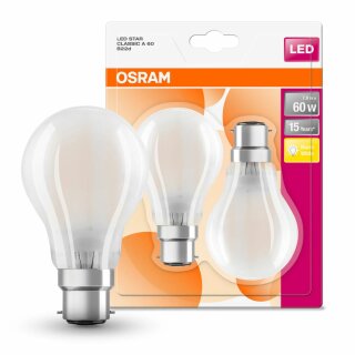 2 x Osram LED Filament Leuchtmittel Star Classic Birne A60 7W = 60W B22d matt 806lm warmweiß 2700K