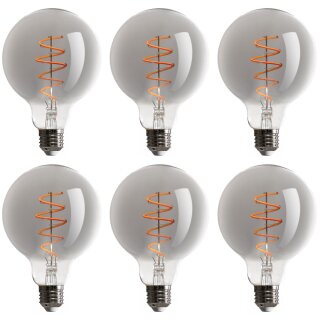 6 x LED Spiral Filament Leuchtmittel G95 Globe 5W E27 Rauchglas 130lm extra warmweiß 1800K DIMMBAR