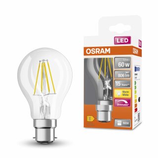 Osram LED Filament Leuchtmittel Classic Birnenform A60 7W = 60W B22d klar 806lm FS warmweiß 2700K DIMMBAR