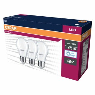 3 x Osram LED Leuchtmittel A55 Birnenform 4,9W = 40W E27 matt 470lm Tageslicht 6500K kaltweiß