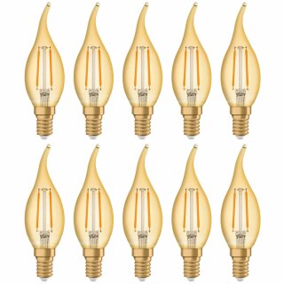 10 x Osram LED Filament Vintage 1906 Windstoßkerze 1,5W = 12W E14 Gold 120lm extra warmweiß 2400K