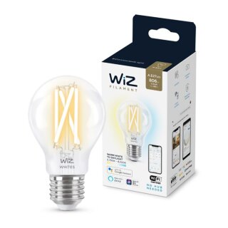 WiZ Smart LED Filament A60 Birnenform 6,7W = 60W E27 klar 806lm CCT 2700K-6500K dimmbar App Google Alexa WiFi