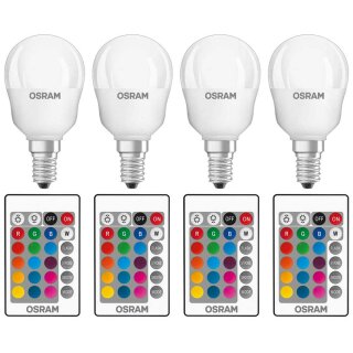 4 x Osram LED Leuchtmittel Tropfen 4,2W = 25W E14 matt 250lm RGBW warmweiß 2700K Dimmbar mit Fernbedienung