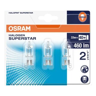 3 x Osram Halogen Halopin Stiftsockellampe 33W = 40W G9 klar 230V 460lm warmweiß 2800K dimmbar