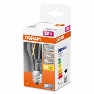 Osram LED Filament Leuchtmittel Birnenform 2,5W = 25W E27 klar 250lm FS warmweiß 2700K