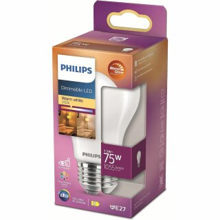 Philips LED A60 Birnenform 7,2W = 75W E27 matt 1055lm WarmGlow warmweiß 2200K-2700K DIMMBAR
