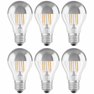 6 x Osram LED Filament Leuchtmittel Birne A60 6,5W = 50W E27 Kopfspiegel Silber 640lm warmweiß 2700K DIMMBAR