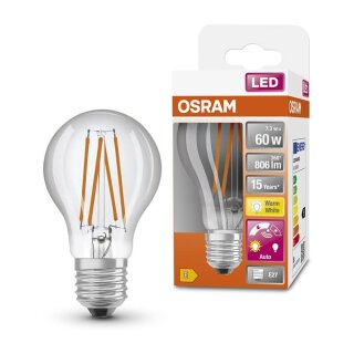 Osram LED Filament Leuchtmittel Birne A60 7,3W = 60W E27 klar 806lm warmweiß 2700K Tageslichtsensor