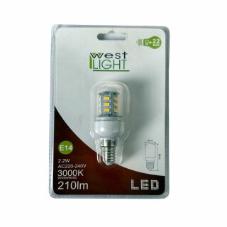 West Light LED Leuchtmittel Röhre 2,2W = 22W E14 klar 210lm warmweiß 3000K 300°
