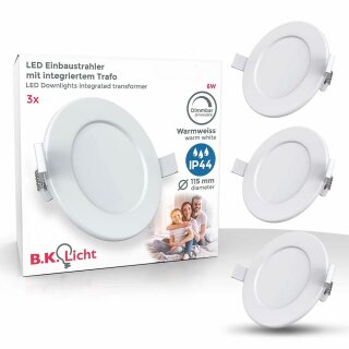 3 x B.K.Licht LED Einbaupanel Leuchte Weiß rund Ø11,5cm IP44 3 x 6W 1350lm warmweiß 3000K extra flach DIMMBAR