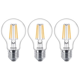 3 x Philips LED Filament Leuchtmittel Birne A60 7W = 60W E27 klar 806lm warmweiß 2700K