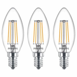 3 x Philips LED Filament Leuchtmittel Kerze 4,3W = 40W E14 klar 470lm warmweiß 2700K