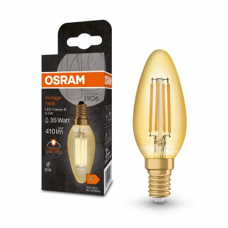 Osram LED Filament Leuchtmittel Kerze Vintage 1906 4W = 35W E14 Gold 410lm extra warmweiß 2400K