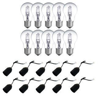 10 x Eco Halogen Glühbirne 42W = 60W E27 klar dimmbar Glühlampe 2000h + 10 x Baufassung Lampenfassung