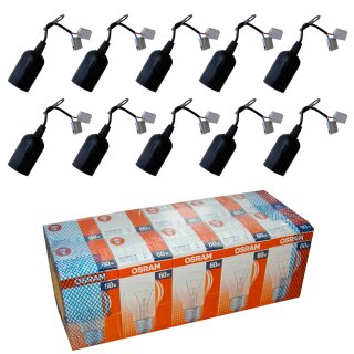 10 x OSRAM Glühbirne 60W E27 KLAR + 10 x Baufassung Lampenfassung Wago schwarz